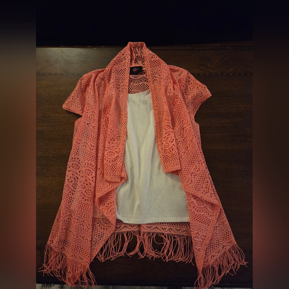 girls xl pink crochet overlay with fringe and attached white cami